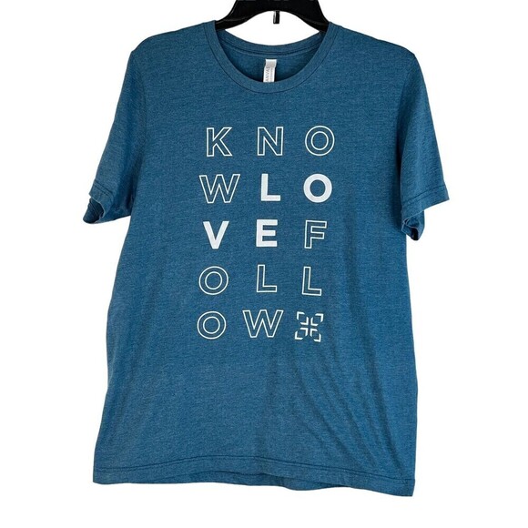 Bella Canvas Turquoise "Know Love Follow" Graphic Print Tee Shirt Size Large - Picture 6 of 6